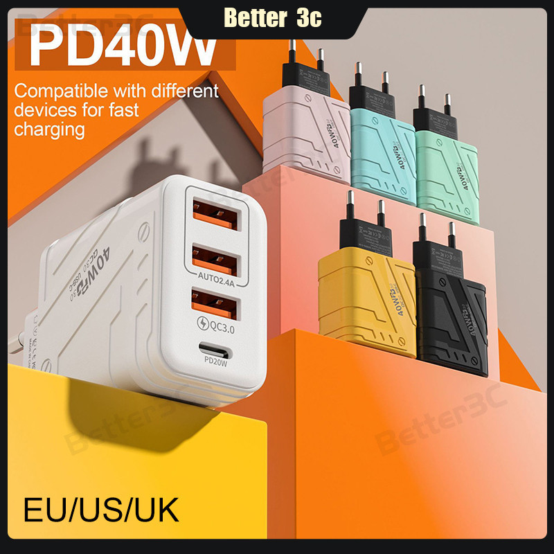40W Multi Port Flash Charger 3USB+PD Fast Charger 5V 3A USB Type C ...