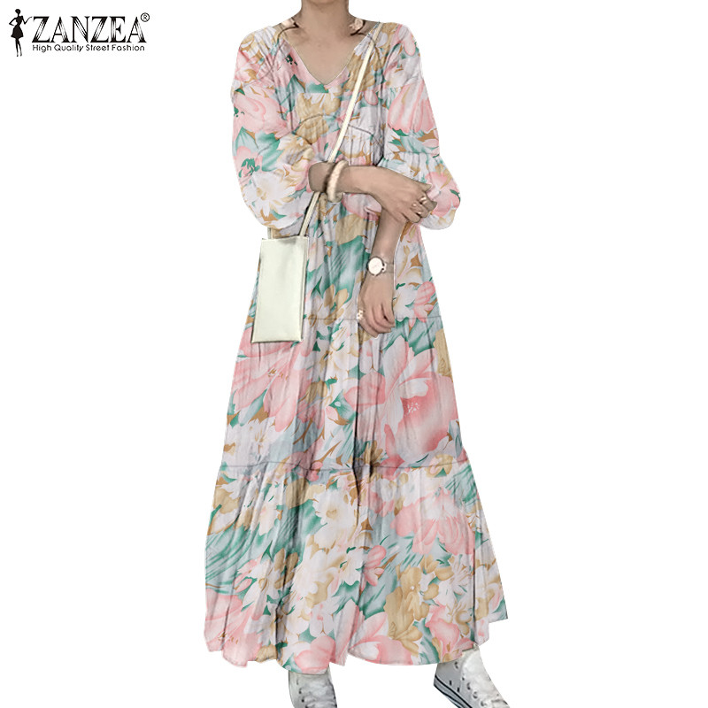 ZANZEA Women Printed Loose Draped V-Neck Layered Puff Sleeve Irregular ...