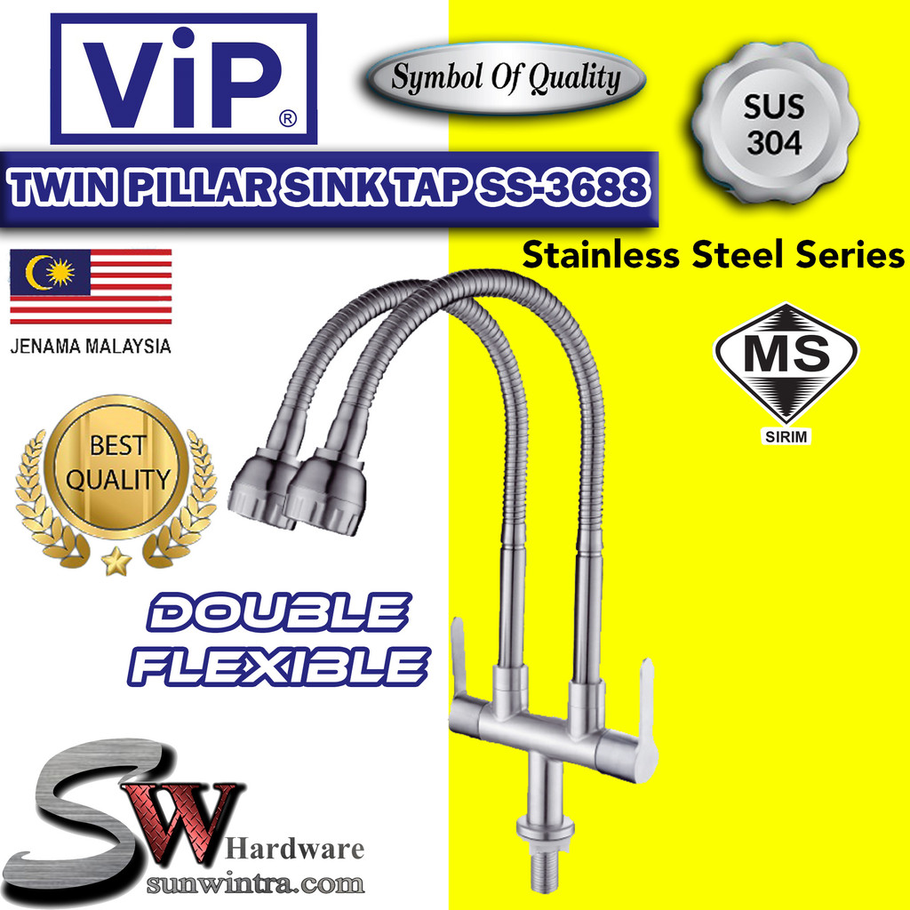VIP SUS304 STAINLESS STEEL FLEXIBLE DOUBLE PILLAR SINK TAP #SS-3688 ...