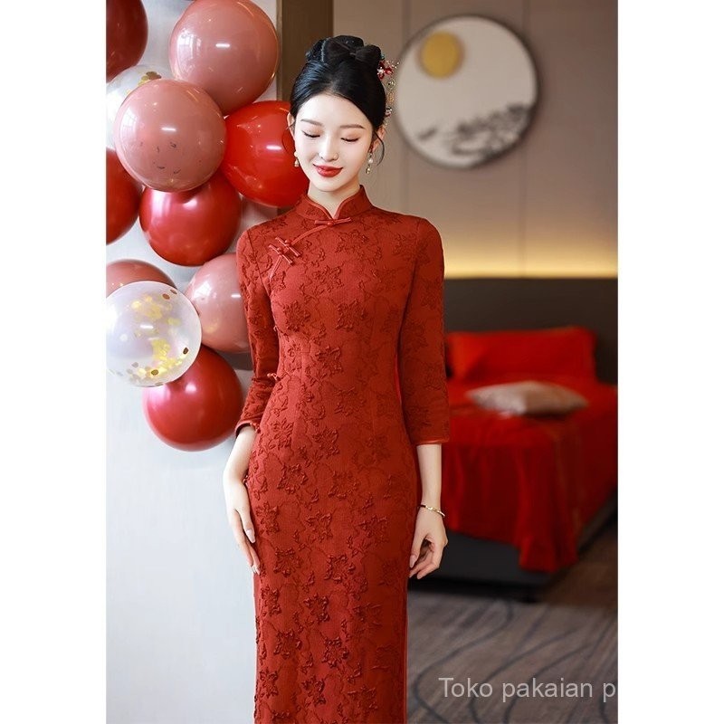 New Chinese Cheongsam Red Toast Dress Bride Engagement Back to Door Formal Dress Wedding Casual Dress Autumn and Winter Long Sleeves Shopee Malaysia