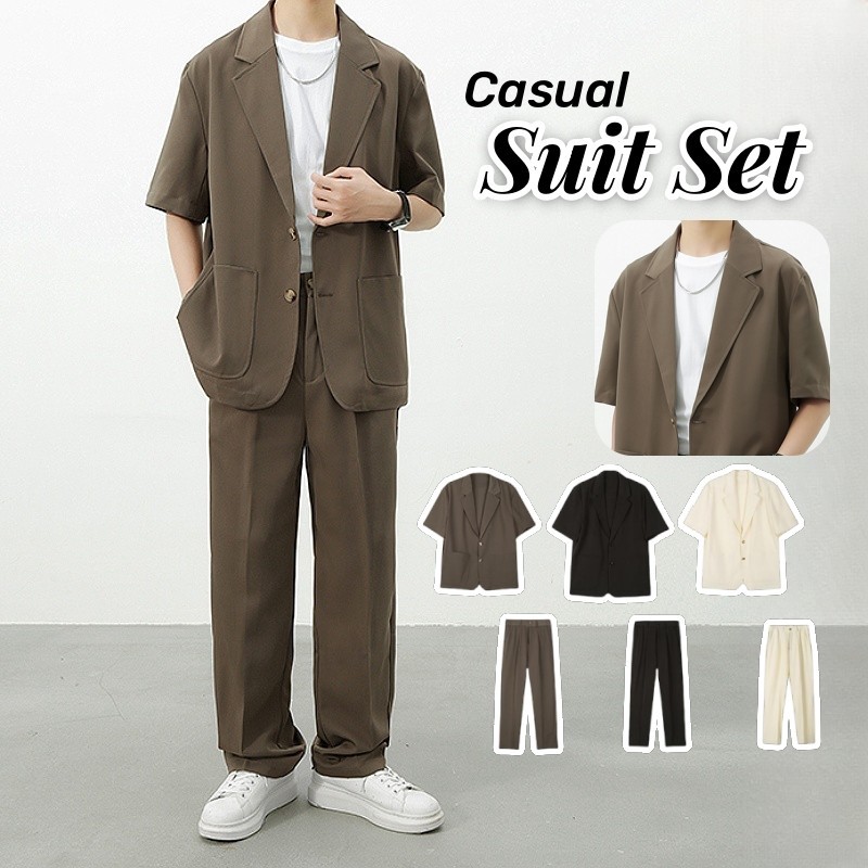 Mens Casual Formal Suit Sets 2 Piece Summer Short Sleeve Notched Lapel ...