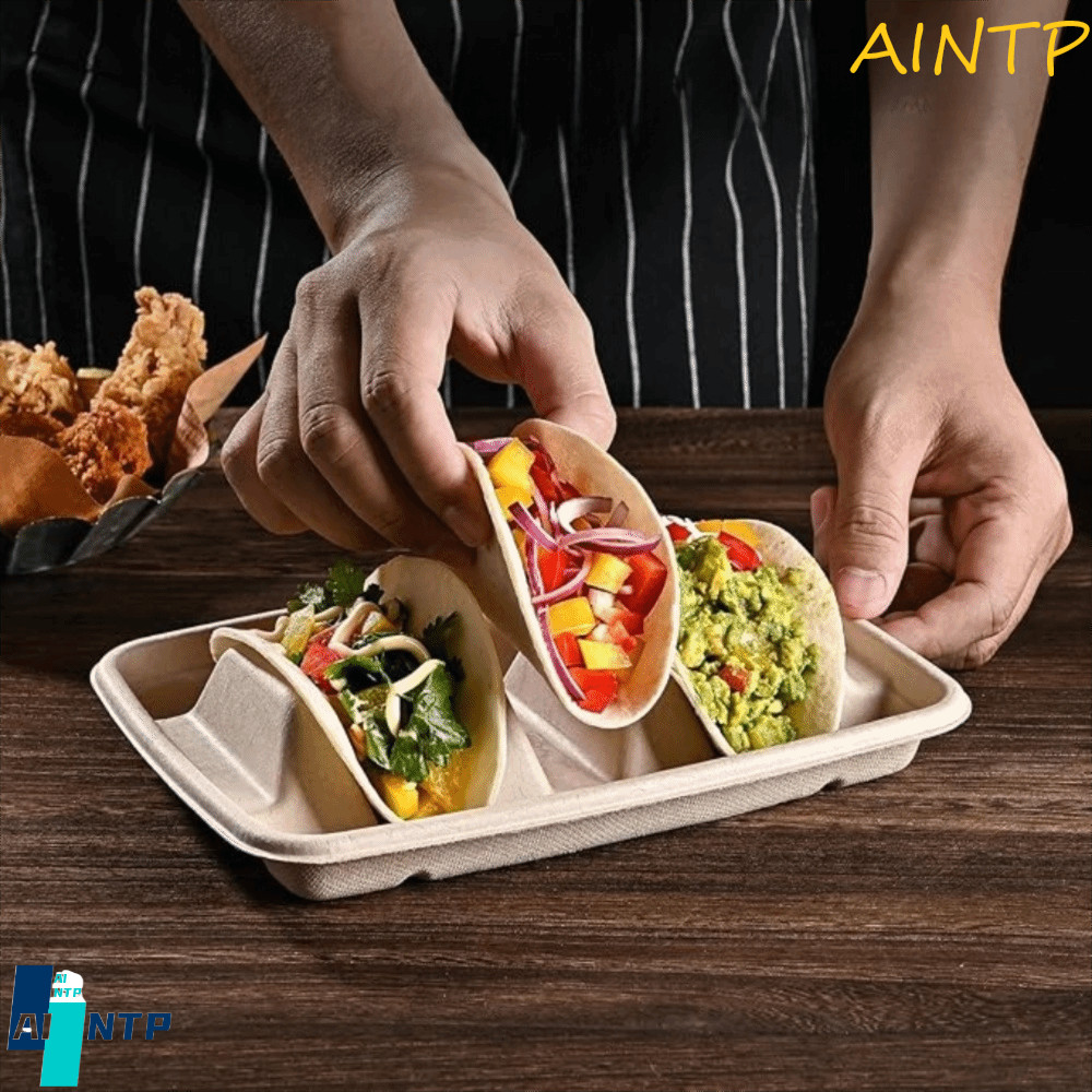 AINTP 50Pcs Disposable Taco Plates, 3 Compartments with Lid Taco Holder ...