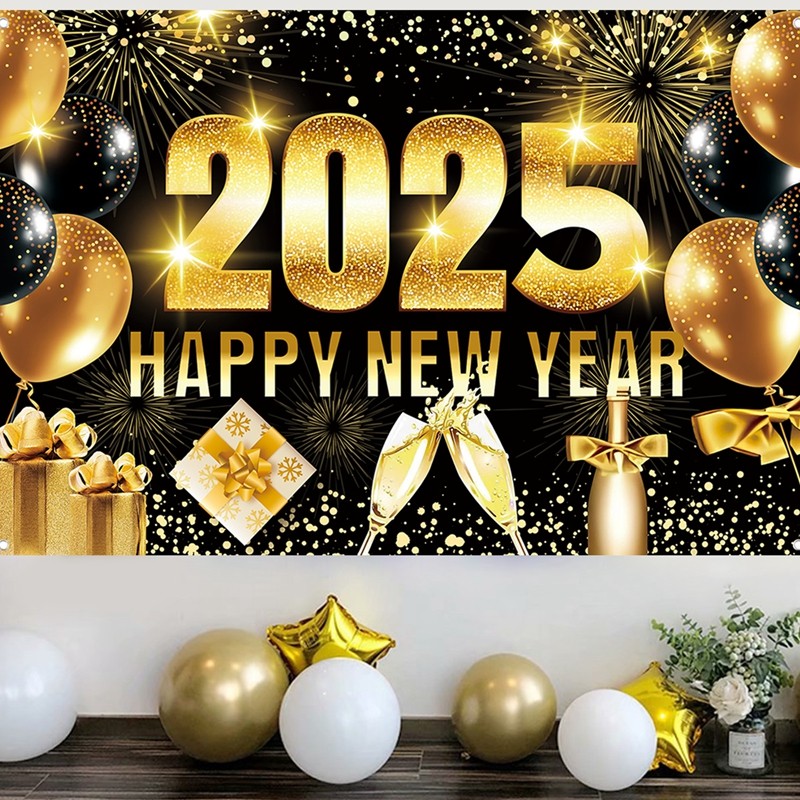 150*100cm Polyester Happy New Year 2025 Backdrop Black Gold Balloon ...