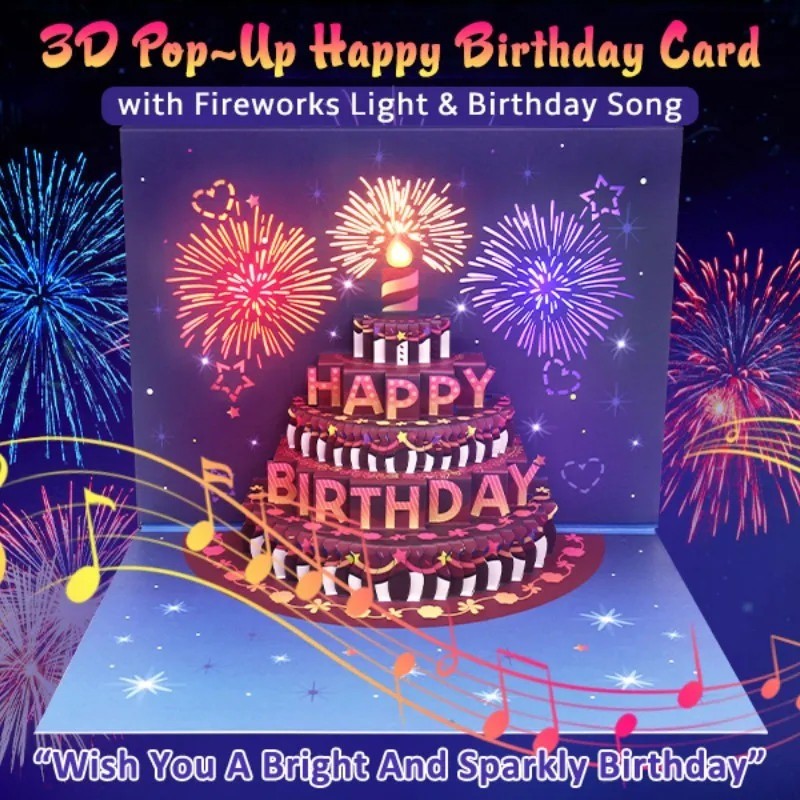 3D Happy Birthday Card Pop Up Birthday Card with Music Fireworks Lights ...