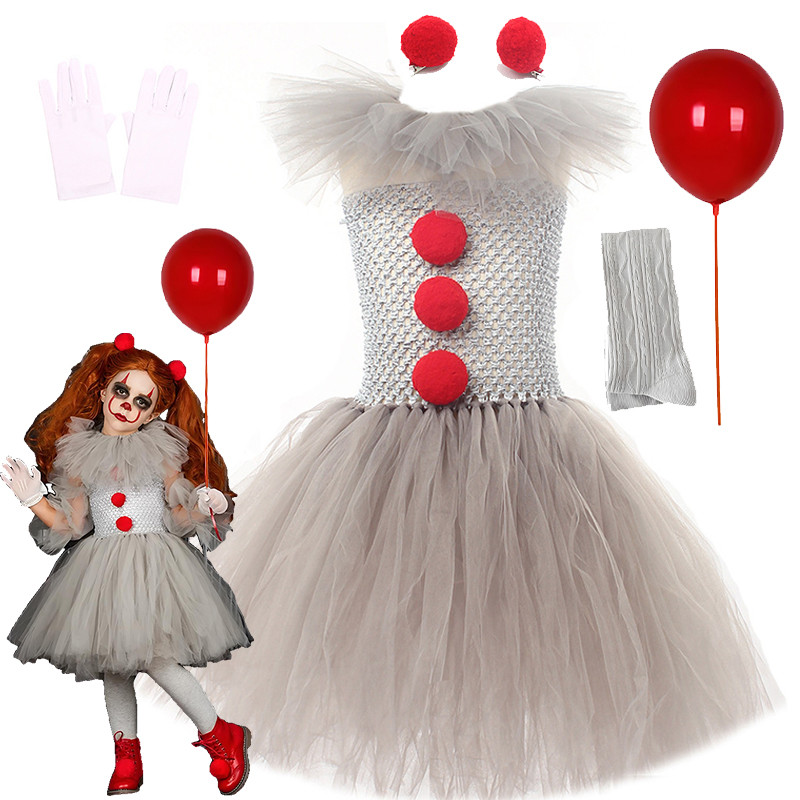 NEW Pennywise IT Clown Girls Halloween Costume - Gray, Complete Outfit
