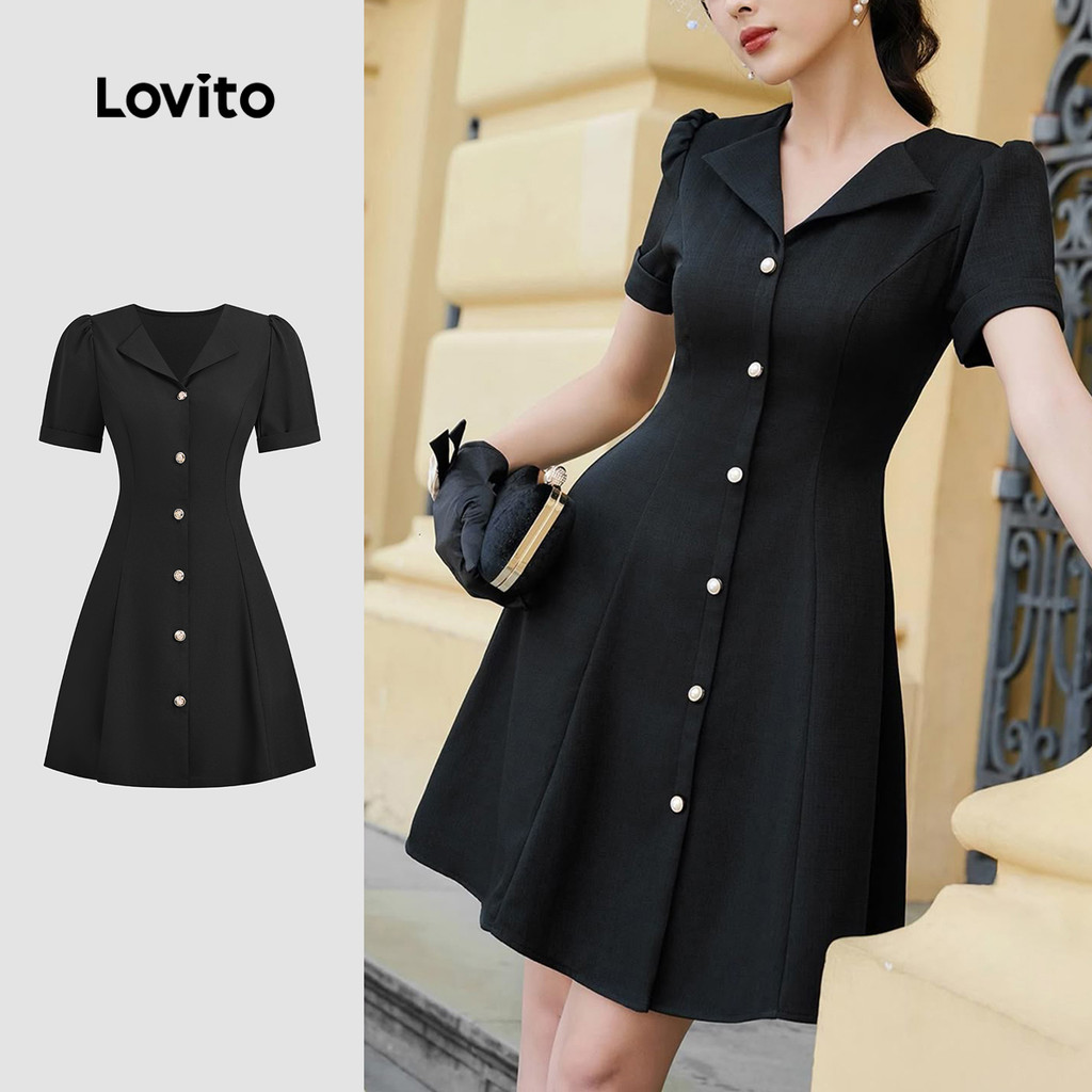 Lovito Elegant Dress Button Front Metal Buckle Commute Spring/summer ...