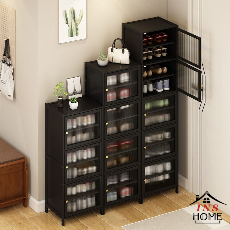 Glass Door Shoe Cabinet Narrow Shoe Rack Bamboo Black/Brown Rack ...