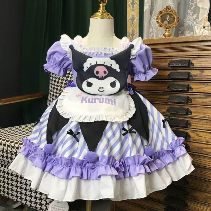 Kids Girl Kuromi Lolita Kawaii Princess Dress Summer Children's Show Dress  Little Girls Short Sleeve Dress Toddler Baby Birthday Cartoon Outfit Melody