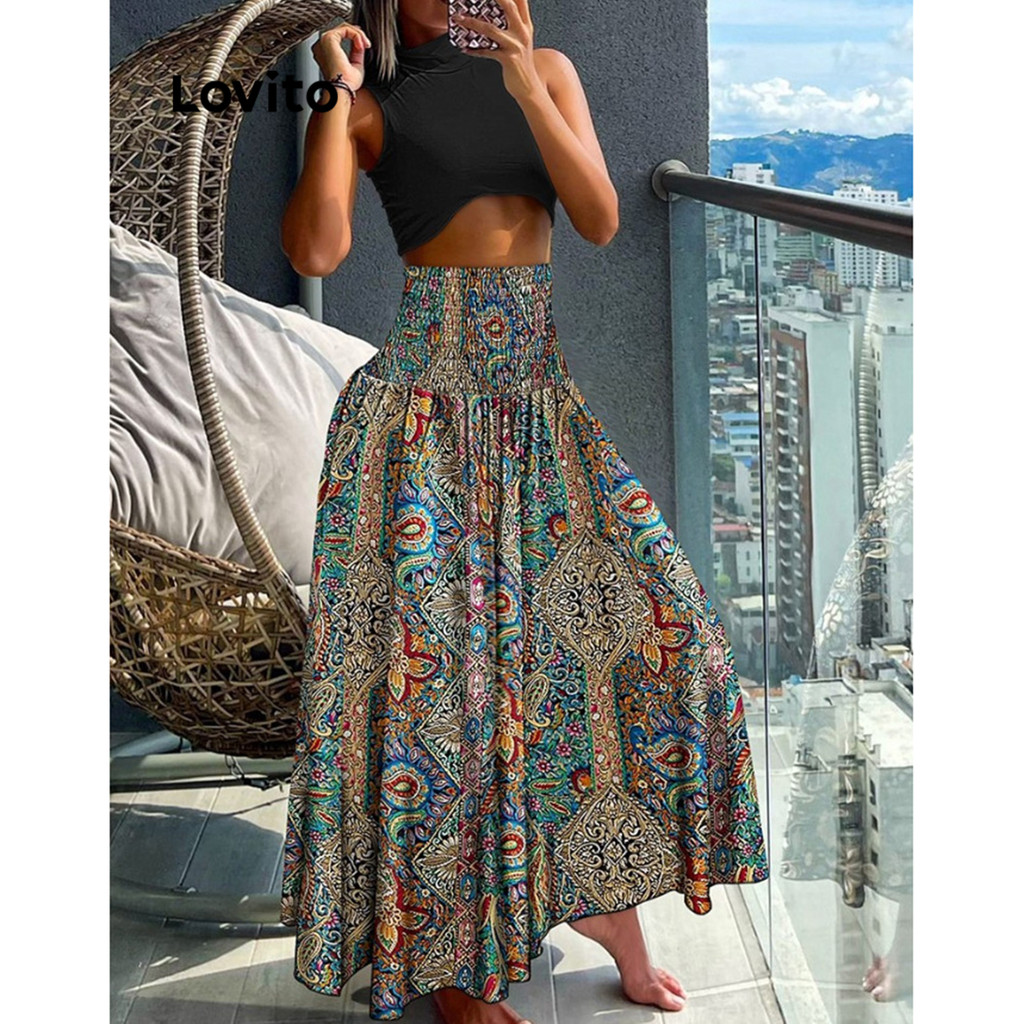 Lovito Boho Tribal Print Smocked Skirts for Women LNL57332 Lovito Rok ...