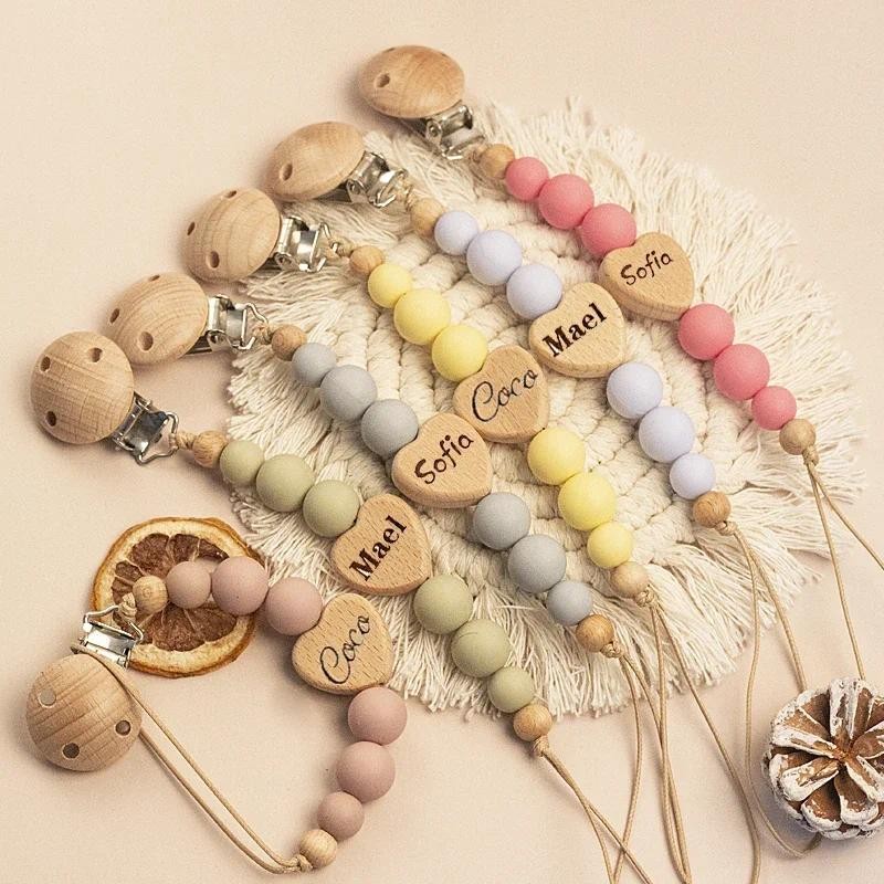 Custom Name Wooden Personalized Baby Pacifier Chain Silicone Bead Dummy ...