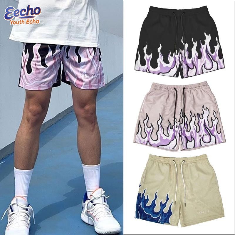 EECHO Men's Black Flame Shorts Fire Printed Basketball American Shorts ...