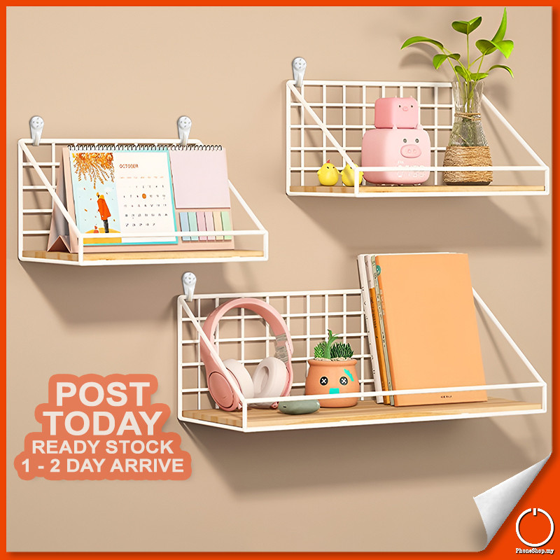 𝐃𝐄𝐊𝐎𝐑 𝐑𝐀𝐏𝐈 Grid Wall Shelf Storage Holder Iron Wooden Rack Deco Display ...