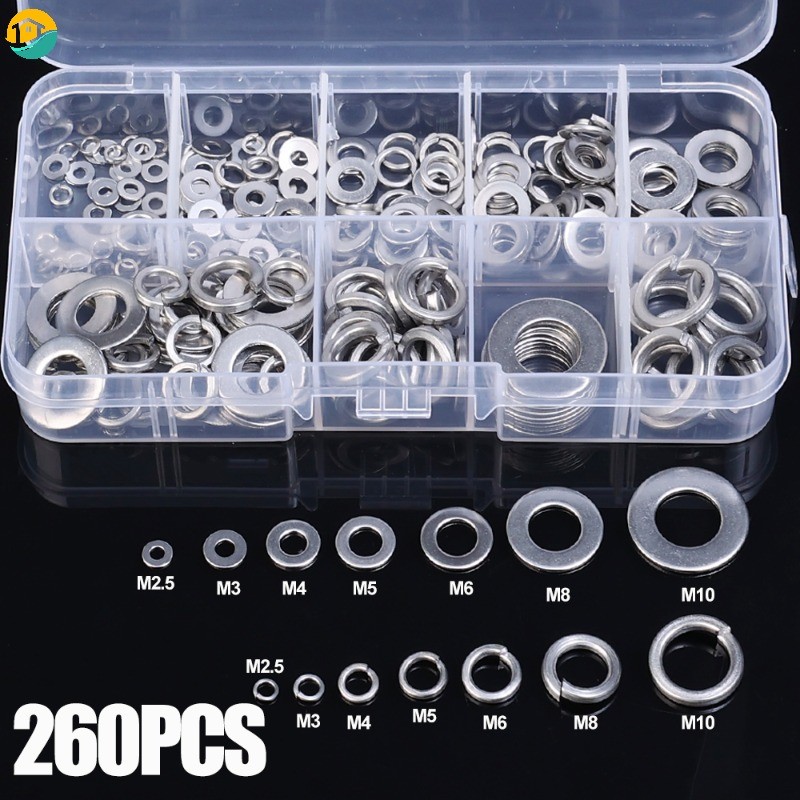 180-260Pcs/Box Multi Functional Spring Lock Washers Flat Washers ...