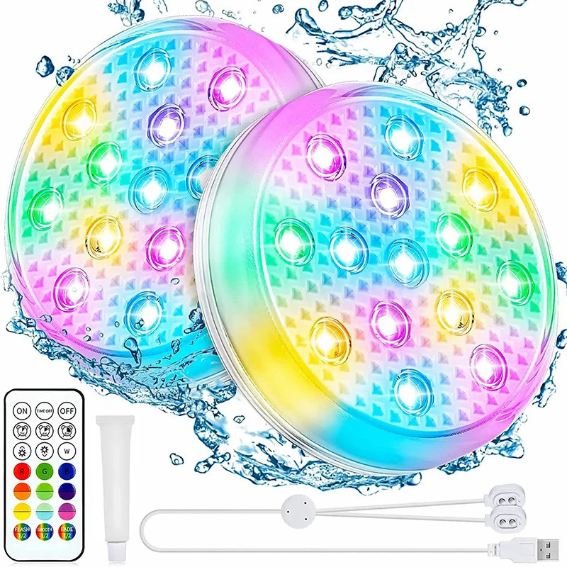 2PCS Rechargeable Underwater Submersible Pool Lights with Remote IP68 ...