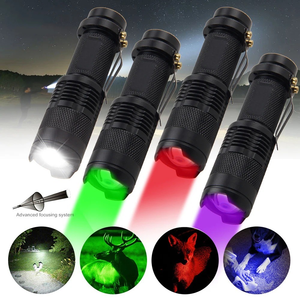Zoomable LED Flashlight Waterproof Green/Red/White/UV 395nm Torch Clip ...