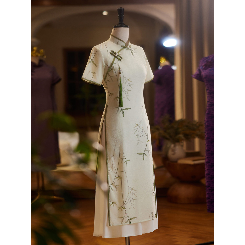New Chinese Style Retro Bamboo Leaf Calligraphy Print Contrast Cheongsam Dress