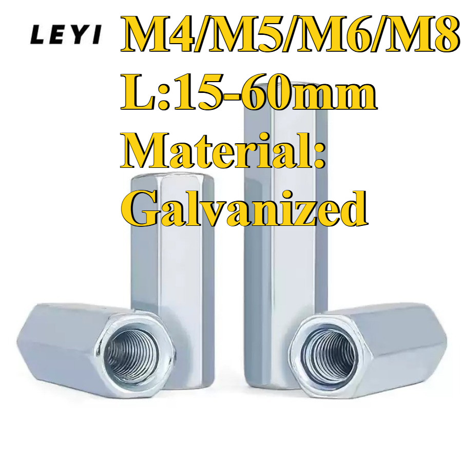 Threaded Sleeve Rod Bar Stud Hex Connector Nut Zinc Plated Long Nuts Round M4/M5/M6/M8 * L:15