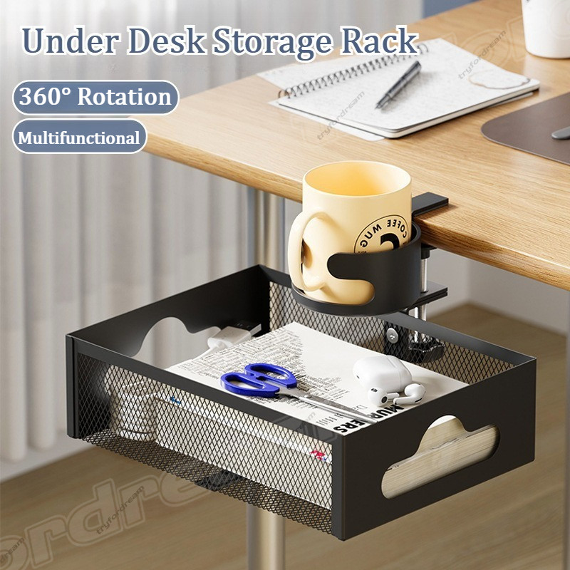 Under Desk Storage Rack With Cup Holder Rotatable Under Desk Organizer ...