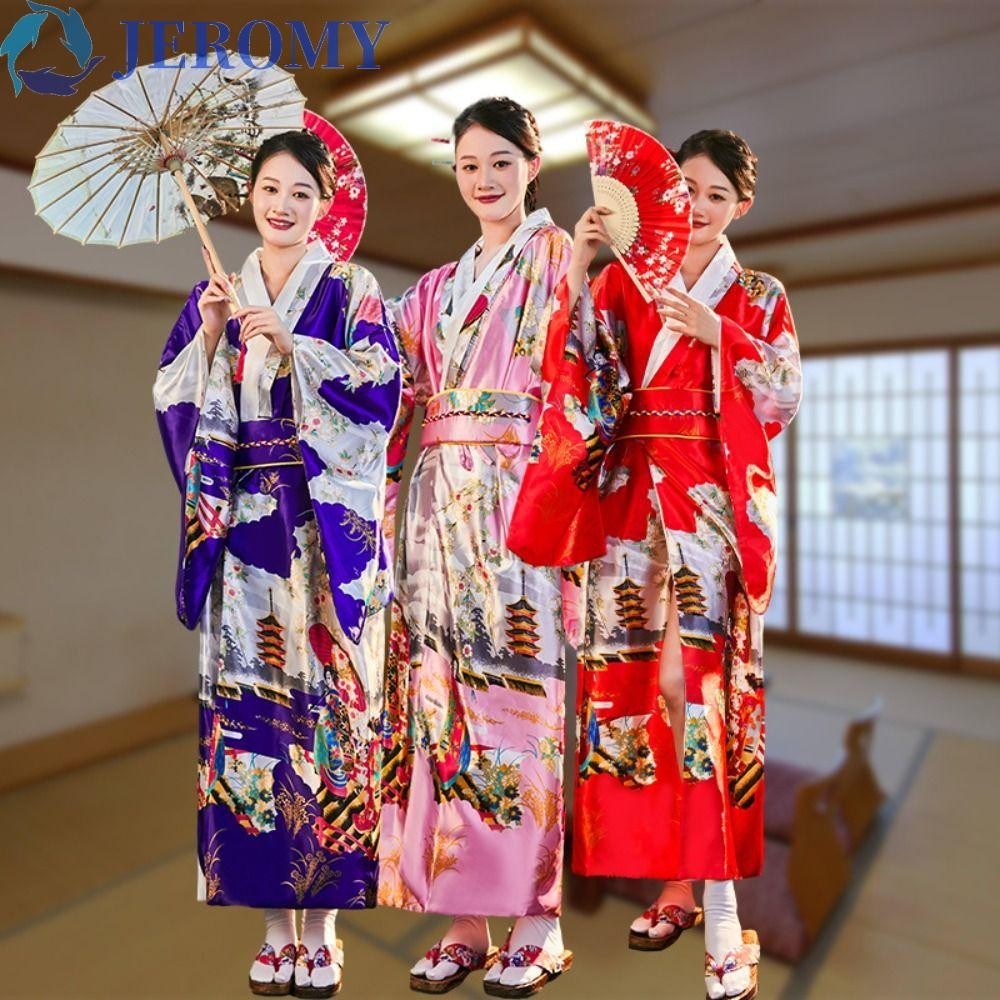 JEROMY Traditional Japanese Kimono Plus Size Printed Floral Sakura Girl Kimono Dress Japanese Style Elegance Asian Japanese Style Yukata Bathrobe