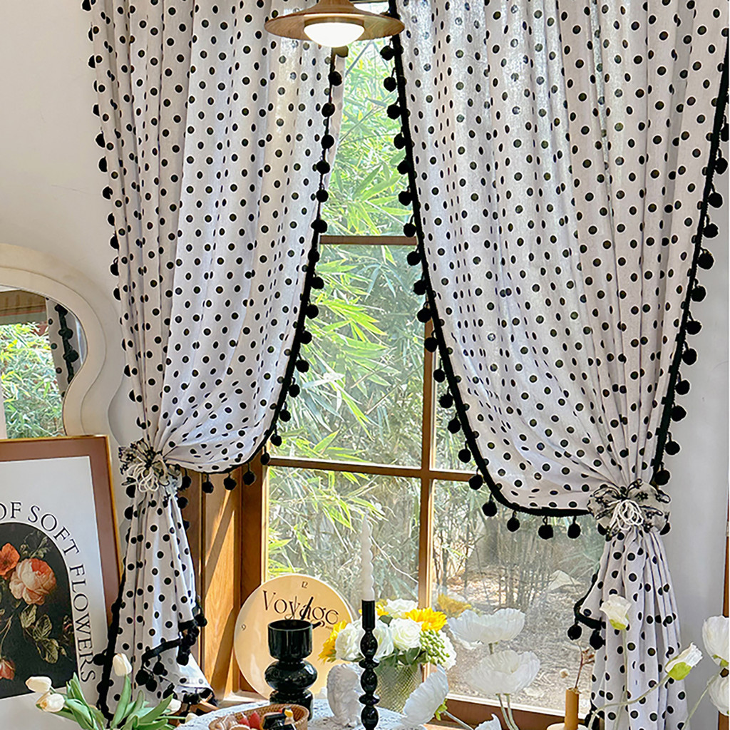 Boho Black Polka Dot Semi Curtains Vintage Window Drapes with Pompom ...