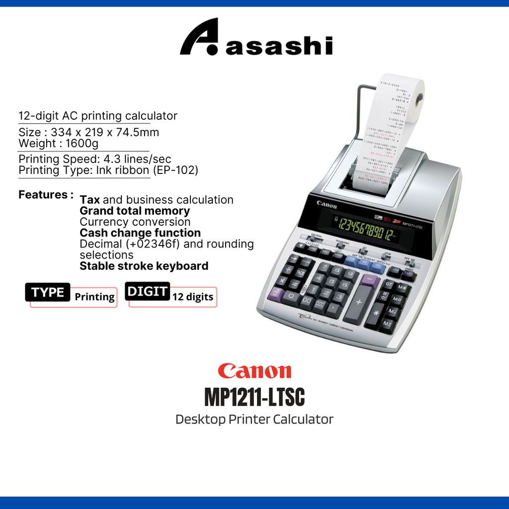 Calculatrice Professionnelle Taxe Devise Calculatrice Imprimante Canon MP1211LTSC - 12 Chiffres Avec écran Rétroéclairé écran Rétroéclairé 12 Chiffres