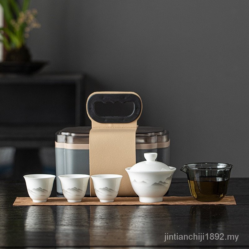 White Porcelain Travel Tea Set Cover Bowl Tea Tray Set Quick Cup Three ...