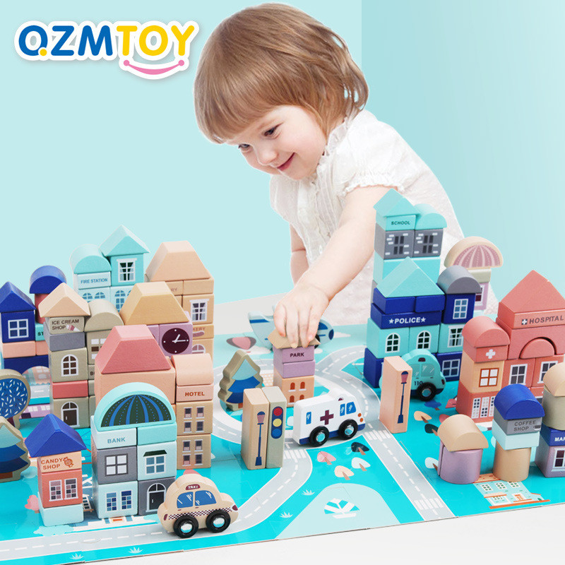 Wooden City Building Blocks – Pretend Play Town Set (Vehicles + Map ...