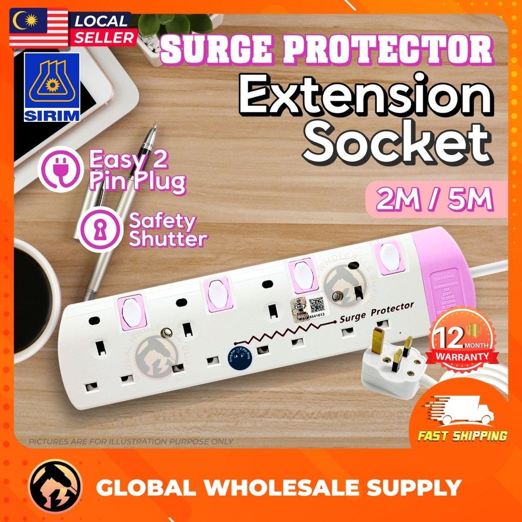SIRIM 2/5MTR SAYANG PINK Trailing Socket Plug Penyambung Wayar Surge ...