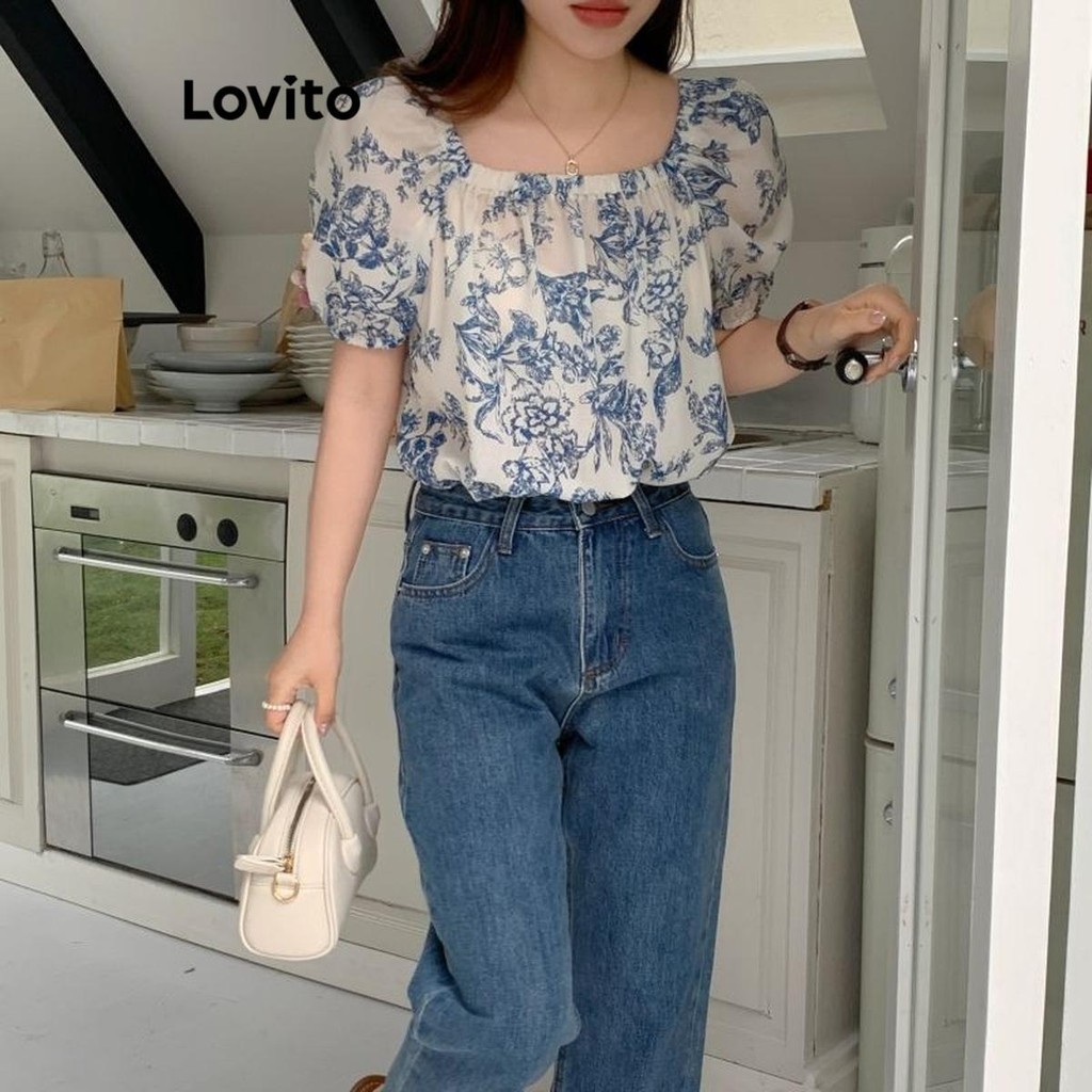 Lovito Casual Plants Basic Blouse for Women LNE50561 Lovito Blus Basic ...