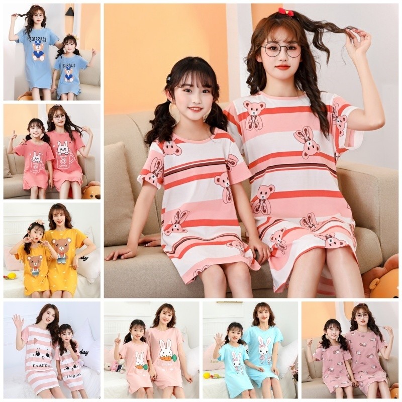 LF Parent child Short Sleeve Nightgowns 100 180cm Cotton Women Girls Long Night T shirt Nightdress for Spring Summer Shopee Malaysia