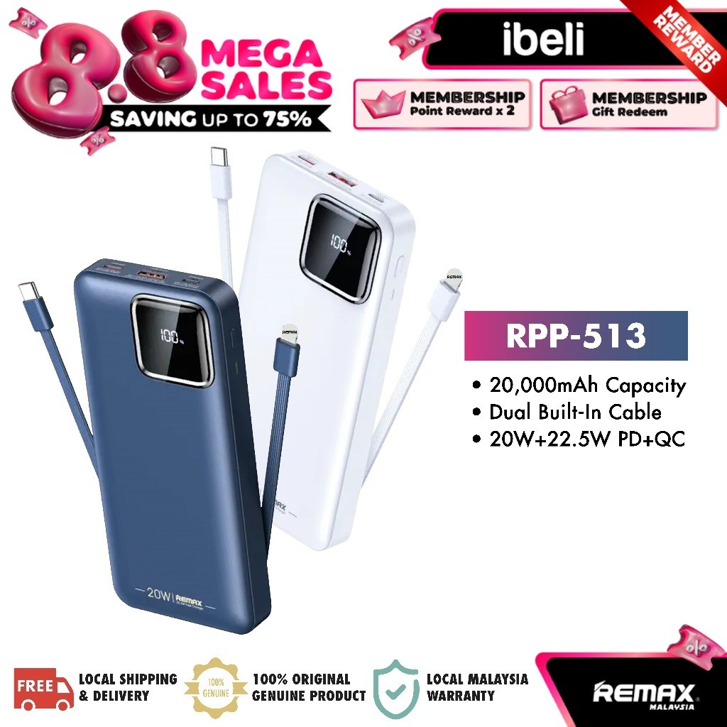 REMAX RPP-513 Suji Series 20W+22.5W PD+QC Fast Charging Cabled Power ...