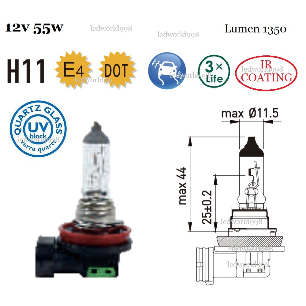 H11 12V 55W 3X Super Long Life Halogen Squartz Bulb Anti UV E4 ISO ...