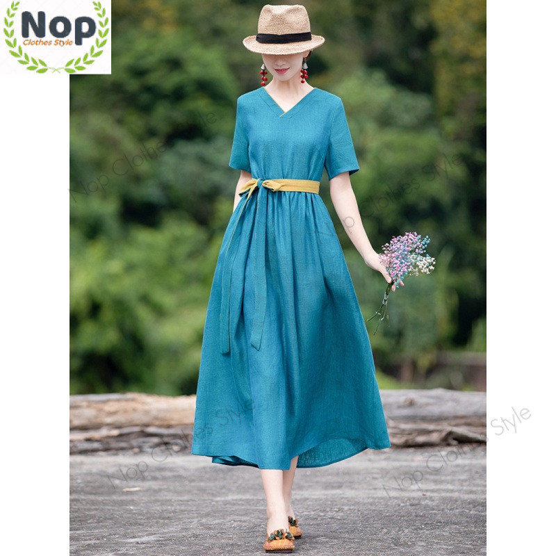 New Style Ethnic Style Linen Dress Short Sleeve V Neck Slimmer Look Classy Elegant Literature Long Dresses Shopee Malaysia