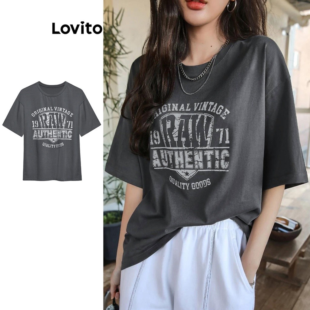 Korean Style T Shirt For Women 2026.Lovito Casual Letter Oversize Korean Style T-Shirt for Women L59ED038 ...