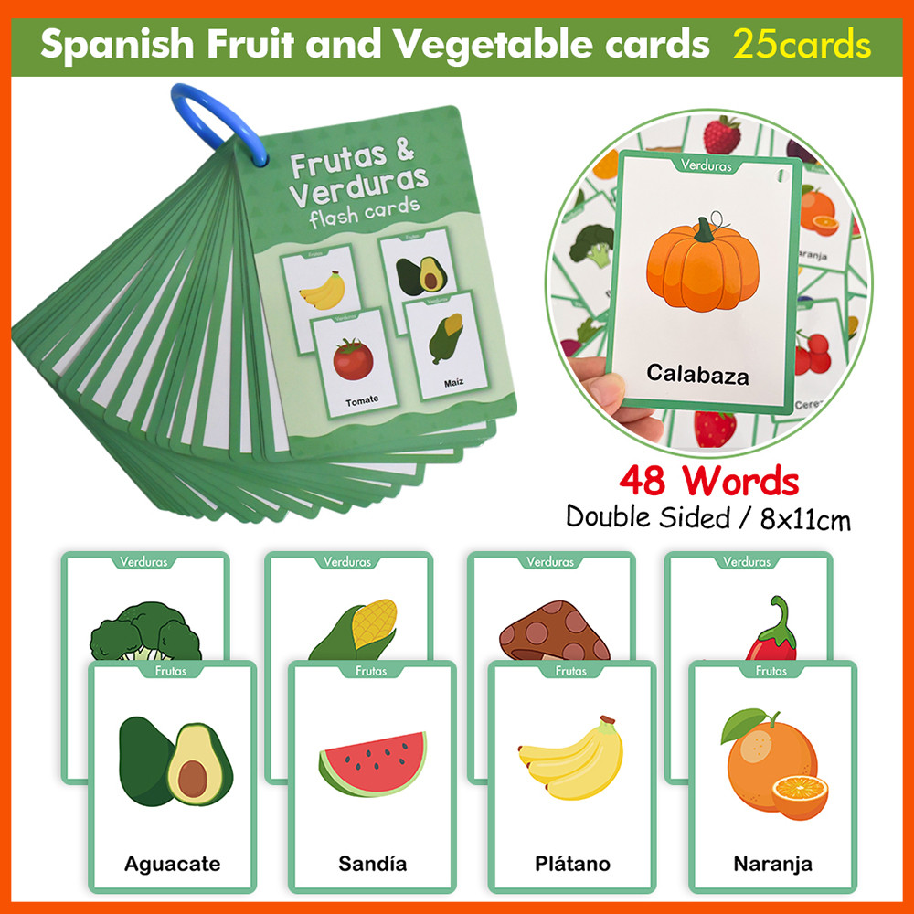 25Pcs Double-Sided Spanish Fruit & Vegetable Flash Cards 48 Words Kids ...
