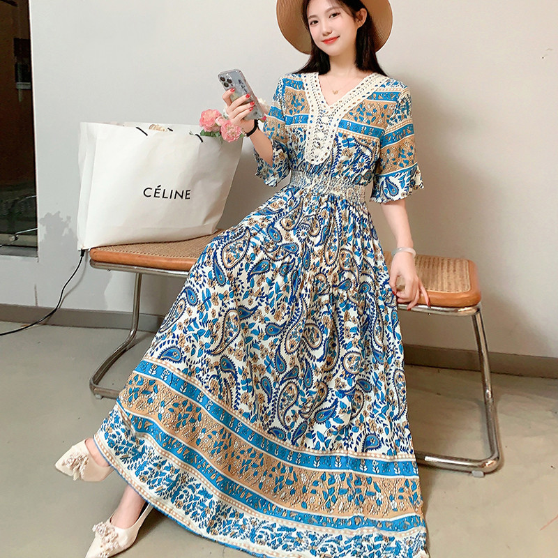 THHONE Summer Indian Dress Women Clothes Guan Boho Bohemian Long Vintage  Korean Style Fashion Beach Vacation Hawaii Casual O Neck Lace Floral Robe  Print Dresses | Shopee Malaysia