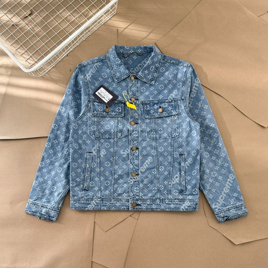 LV X Supreme Men s and Women s Classic Logo Print Vintage Denim Jacket Shopee Malaysia