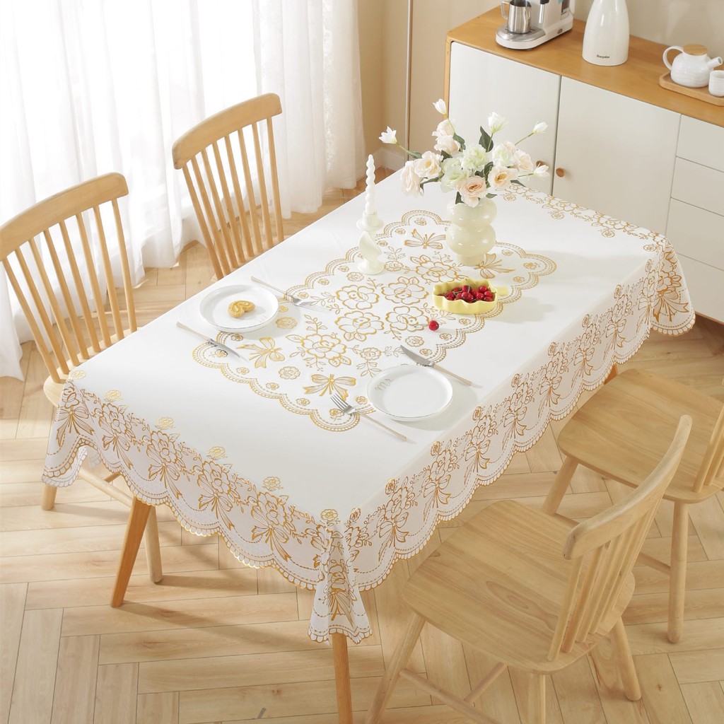 PVC Dining Table Cloth Gold Waterproof 4 6 8 Seater Alas Meja Makan ...