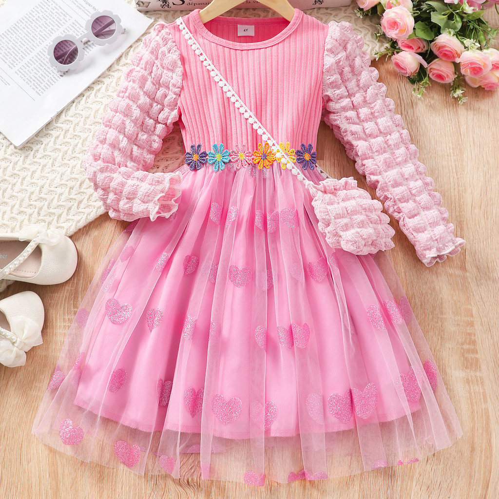 Pink Bubble Sleeve Dress for KIds Girl Clothes Children Party Dresses  Autumn Winter Long Sleeve Cute Mesh Fashion 3 4 5 6 7 Yrs | Shopee Malaysia