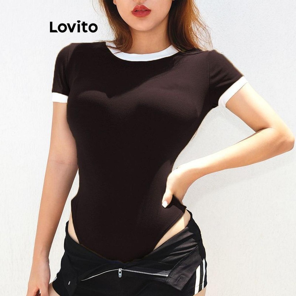 Lovito Casual Plain Colorblock Bodysuit for Women LNA59535 Lovito ...