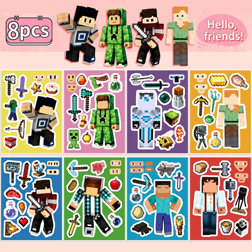 8pcs New Minecraft Pixel Stickers for Children's Puzzle DIY Water Cup ...