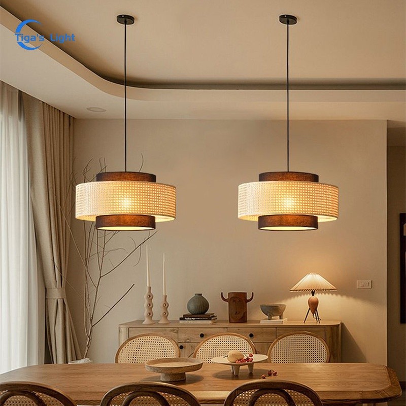 Vintage Japanese Style Pendant Light Woven Bamboo Chandelier LED Dining ...