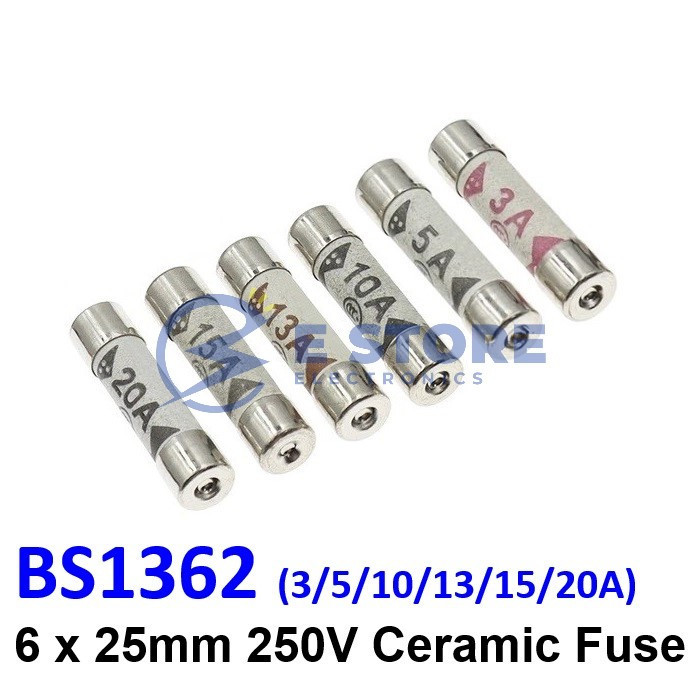 BS1362 6 x 25mm 3A/5A/10A/13A/15A/20A Plug Top Fuse Ceramic Fuse ...