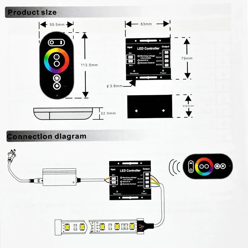 DC12-24V 18A RGB LED Controller RF Remote Wireless Touch Pad Panel ...