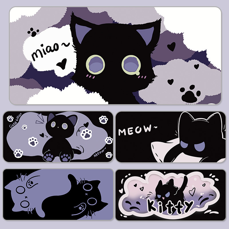 Cartoon Cat Mouse Pad XXL Kawaii Cute Black Purple Girl Desk Pads Large ...