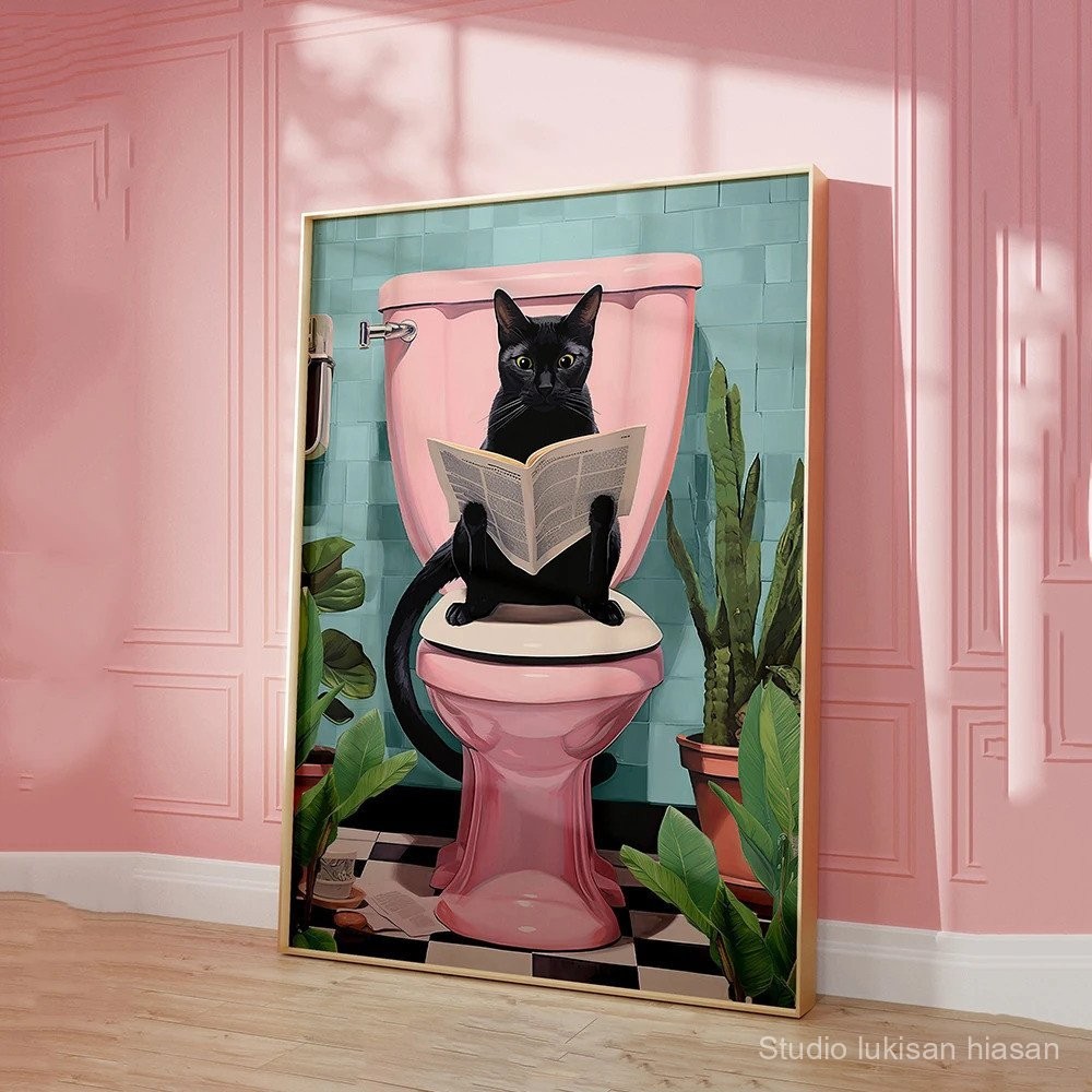 Funny Black Cat Using Toilet Wall Art Cat Reading Newspaper Canvas ...