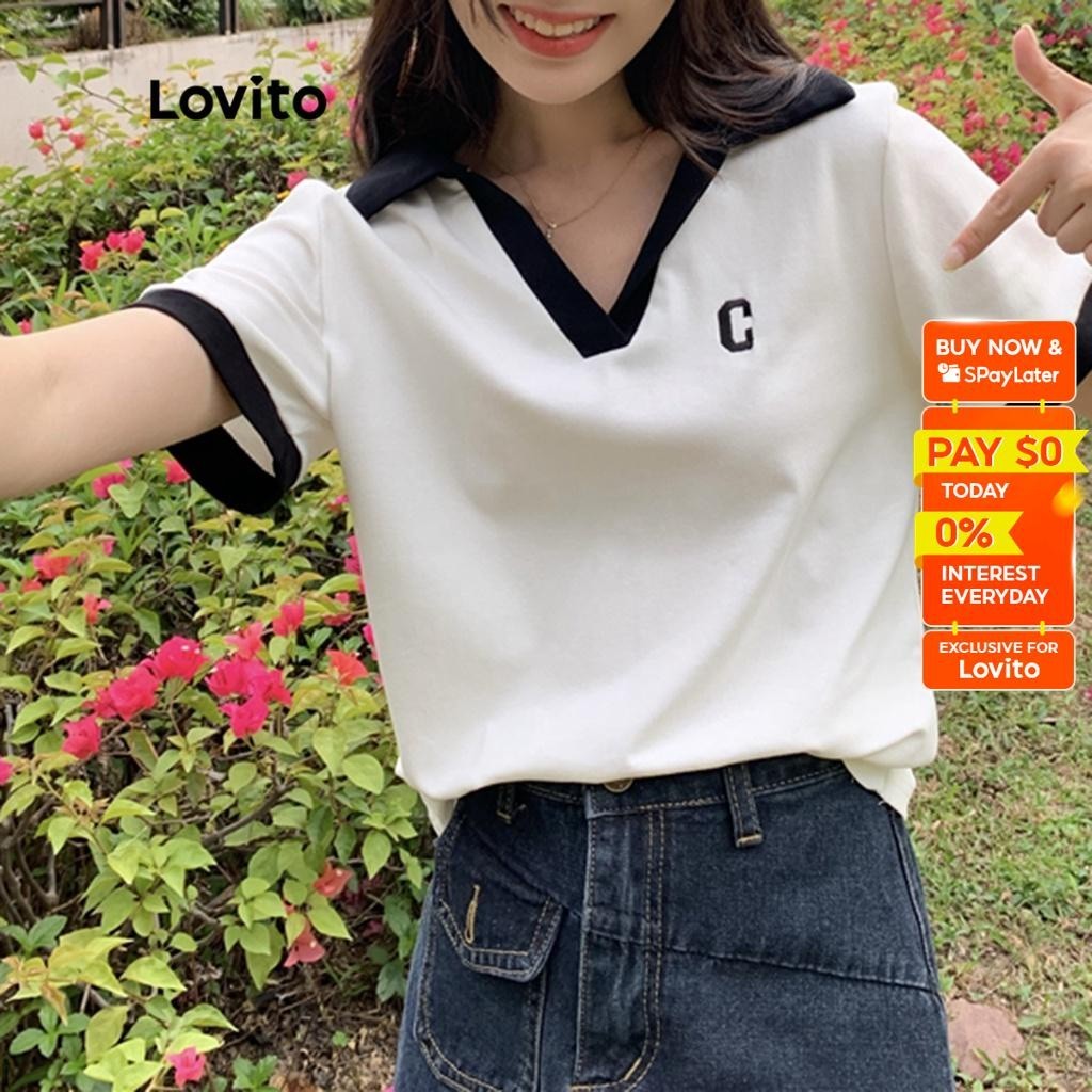 Lovito Casual Plain Colorblock T-Shirt for Women LNA14184 (White ...