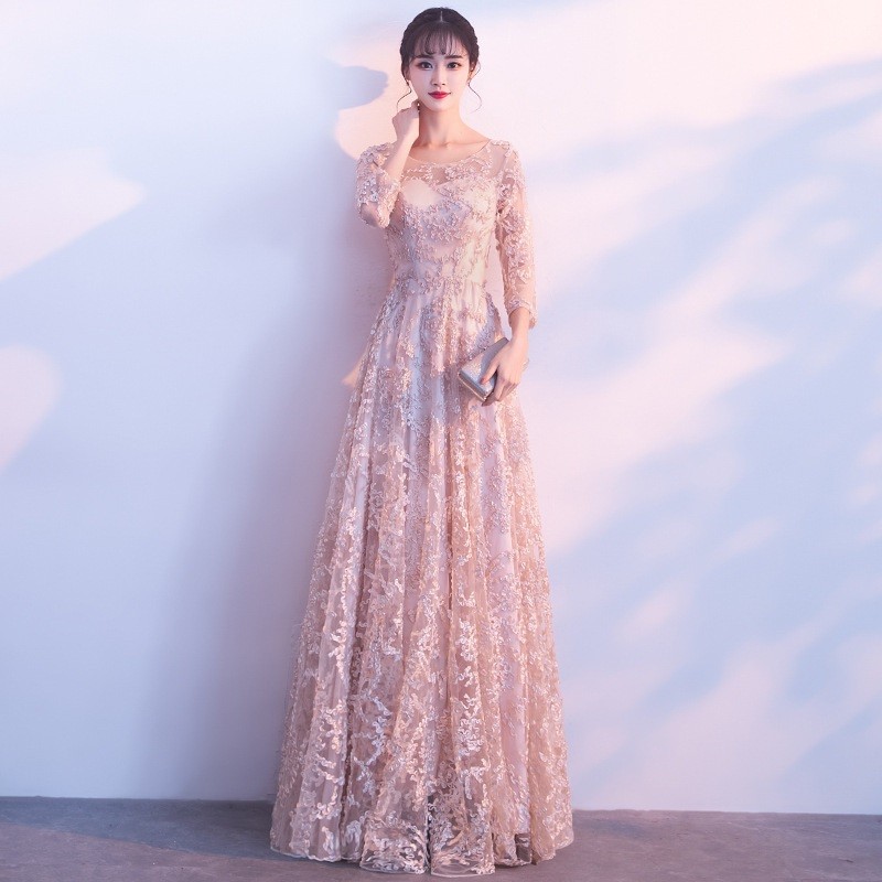Elegant Women's Banquet Evening Dress Korean Style Fashion Round Neck Long Formal  Dresses Annual Dinner Simple Party Host Gown | Shopee Malaysia