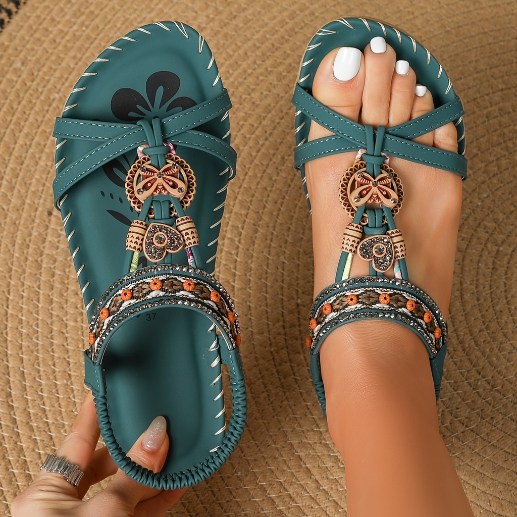 Rhinestone Double Butterfly Flat Sandals