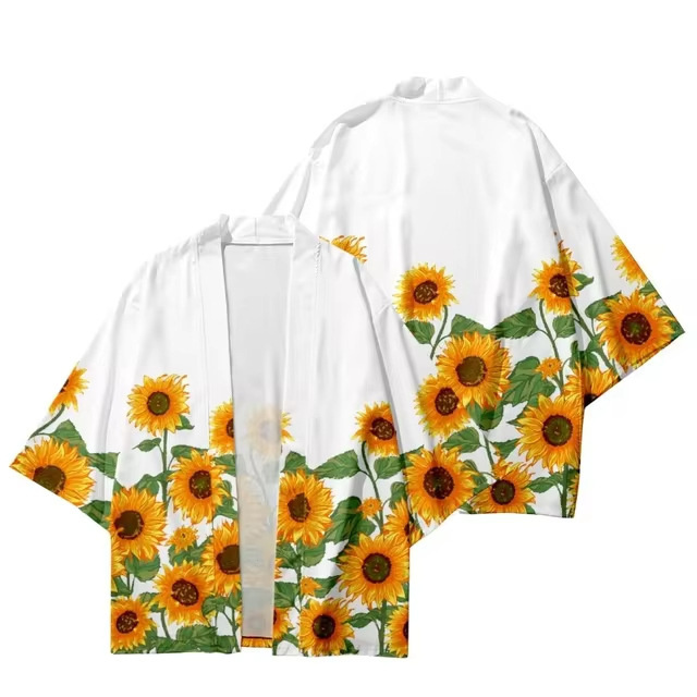 Ladies Hawaii Sunflower Print Kimono Cardigan Japanese Taoist Robe Top ...